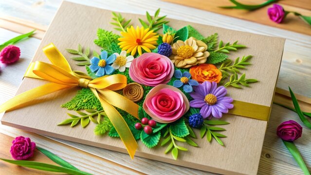 A vibrant, handmade paper card with colorful flowers, greenery, and a golden ribbon, perfect for expressing love, gratitude, or friendship on special occasions.