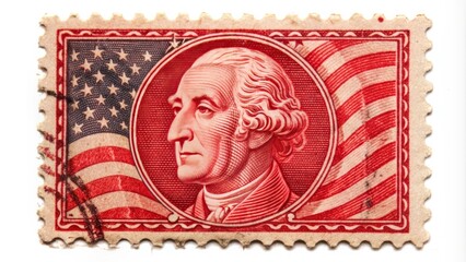 Obraz premium A vintage United States postage stamp featuring the iconic George Washington profile, adorned with ornate details and patriotic colors, on a white background.