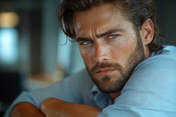Fototapeta premium Close-Up of Man Applying Deodorant Spray to Sweat-Stained Armpit in a Drenched Gray-Blue Collared Shirt – Stock Photo for Cosmetics Company Banner Ad