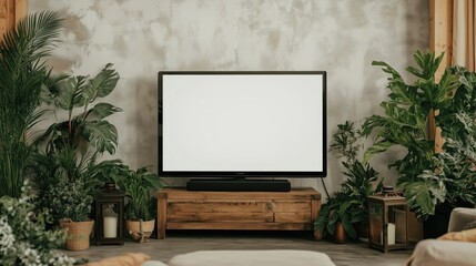 A rustic living room with a white screen TV on a wooden console, surrounded by greenery and cozy furniture.