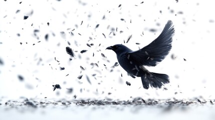 Fototapeta premium A black bird gracefully soars through a flurry of drifting feathers