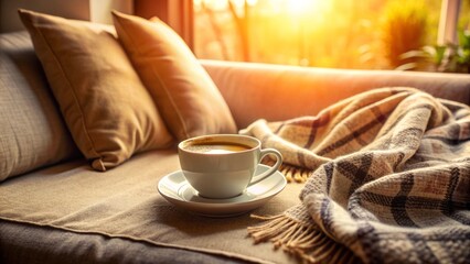 a warm cup of coffee sits in front of a cozy throw blanket on a comfortable couch, surrounded by gentle morning light.