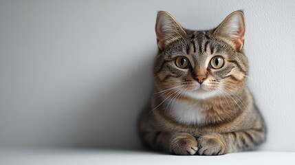 A tabby cat relaxes, observing its surroundings with a curious expression