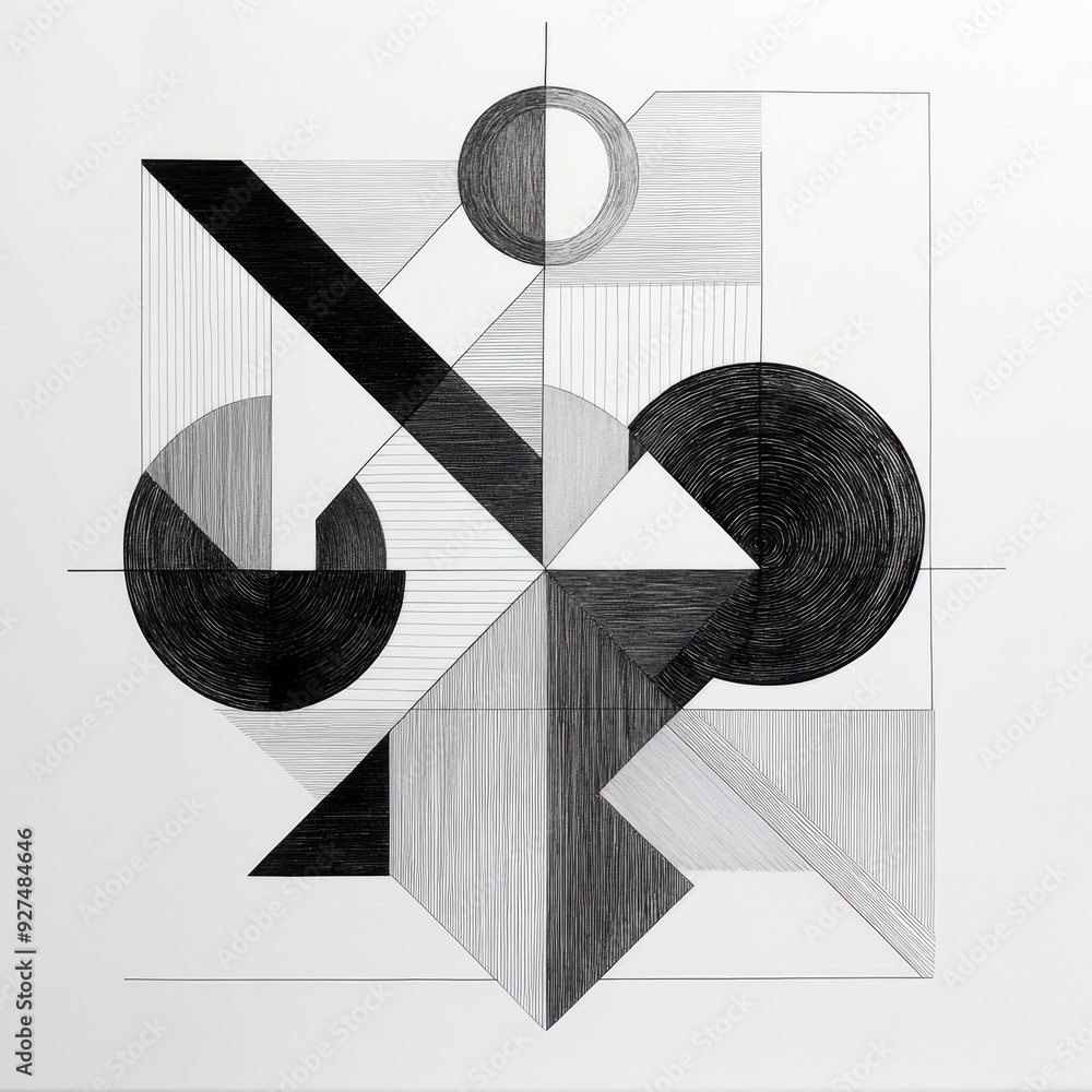 Poster Geometric abstract art with black and white lines and circles.