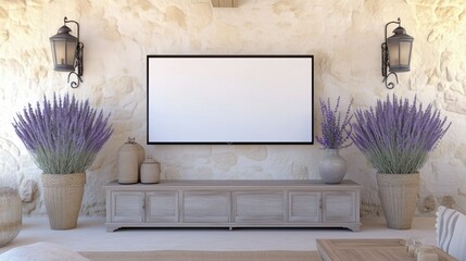 A rustic living room with a flat-screen TV on a stone wall, featuring potted lavender plants and farmhouse decor.