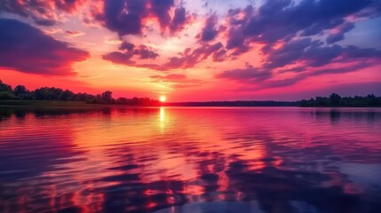 Obraz premium Serene Sunset Reflection on Lake with Deep Red and Purple Clouds - Tranquil Nature Scenery