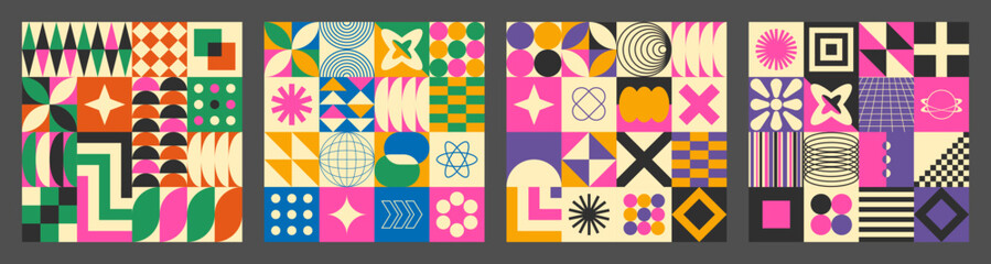 Abstract simple geometric seamless pattern with figure, form, shapes, circle and lines in Bauhaus style. Vibrant grunge geometry brutalism y2k 2000s print. Modern collage vector illustration