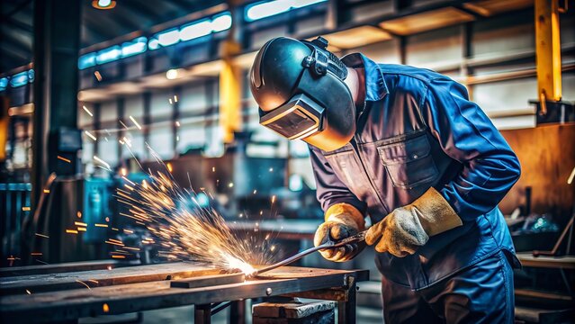 A welder in a well-lit workshop, surrounded by tools and machinery, carefully crafts a metal joint, sparks flying as they work with precision.