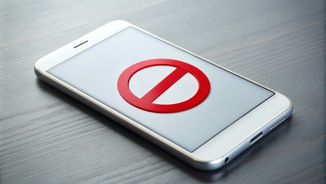 A white smartphone with a red "no" symbol or circle-backslash over its screen, indicating silenced or rejected communication on a modern mobile device.