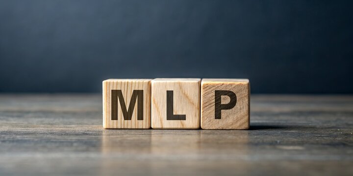 A wooden cube with the acronym MLP prominently displayed on its surface, placed against a grey background, evoking creativity and educational concepts.