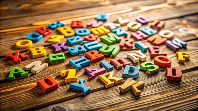 A wooden desk scattered with assorted colorful English alphabet letters, arranged in a playful pattern, on a rustic wooden table with a blurred background.