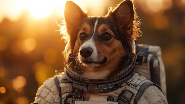 A playful corgi in a spacesuit enjoys the serene beauty of sunset