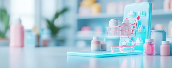 3D rendered shopping interface with floating product shelves and neon accents, modern and sleek design, shopping platform, futuristic online retail
