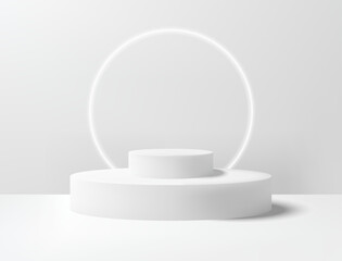Realistic 3D white circle platform podium or pedestal on gray background with shadow. Empty space for product display presentation. Minimalistic mockup with copy space . Stage showcase vector design
