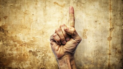 A worn, retro-style hand with a pointed index finger, atop a distressed, beige-colored background,...