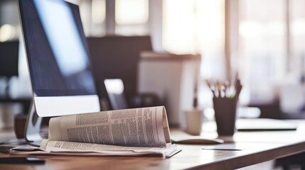 Newspaper on a modern desk with a sleek computer monitor and a clean, professional background