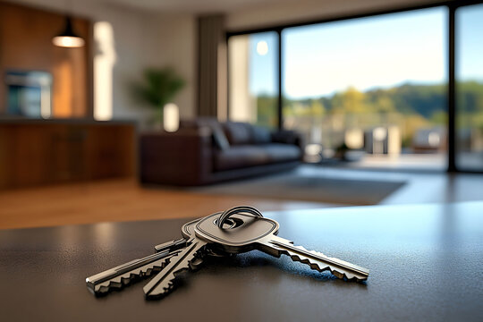 A set of keys on a table in a modern home interior, with an open kitchen, living room, sofa, and window in the background.