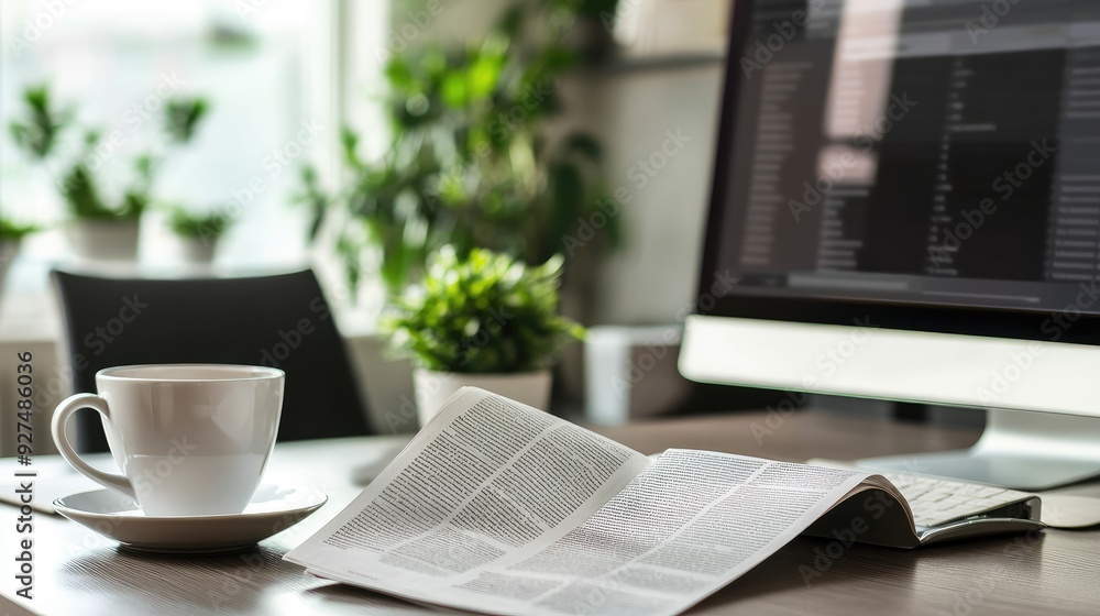 Poster newspaper on a modern desk with a sleek computer monitor and a clean, professional background