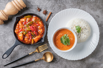 Chicken Tikka Masala Indian Food Served with Cooked White Rice and Chicken Curry, Indian Food Set Menu