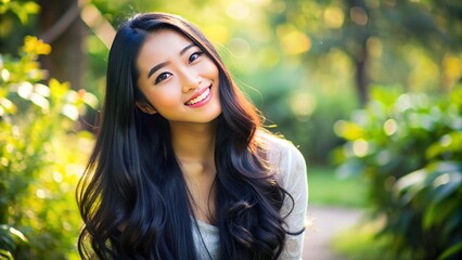Fototapeta premium Beautiful Asian woman with luscious long black hair slightly curled at the ends, smiling softly in a serene and natural outdoor setting.