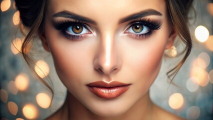 Fototapeta premium Beautiful, luscious eyelashes frame bright, sparkling eyes, elevated by a lash lift procedure, showcasing natural beauty and effortless glamour in a minimalist, soft-focus portrait.