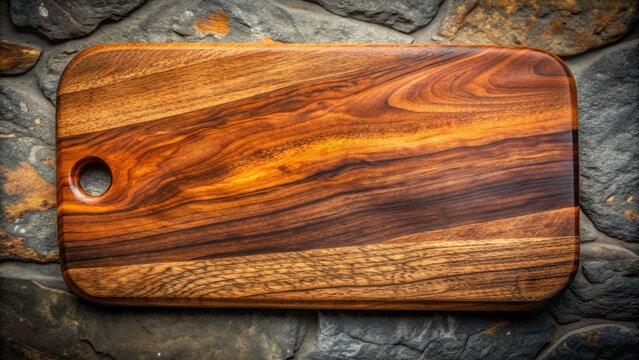 Beautifully crafted wooden cutting board made from richly grained koa wood, with a smooth finish and elegantly rounded edges, on a rustic stone background.