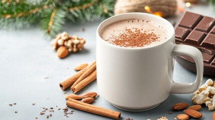 A cozy winter scene with a steaming mug of hot chocolate made with superfood ingredients like cacao, almond milk, and a sprinkle of cinnamon, served with a side of nuts