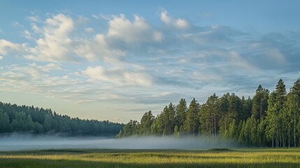 Serene Morning Tranquility: Low-Hanging Clouds Blanket Forest in Peaceful Atmosphere
