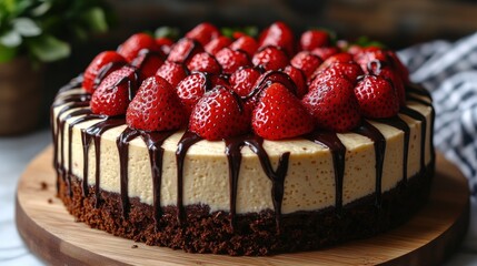 A rich cheesecake topped with fresh strawberries and drizzled chocolate