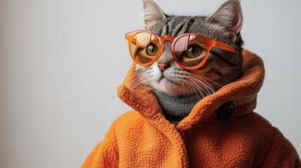 A fashionable cat poses confidently in a bright orange coat and glasses