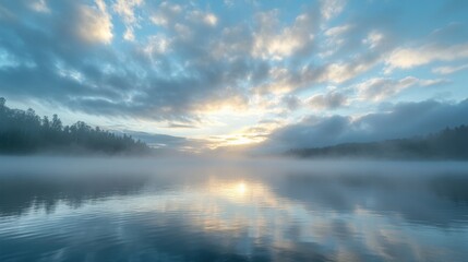 Fototapeta premium Misty Morning Serenity - Peaceful Atmosphere with Misty Sky and Clouds
