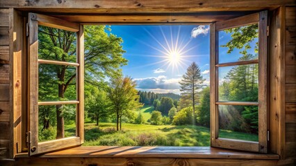 Bright sunlight pours in as a worn wooden window creaks open, revealing a serene natural landscape with lush green trees and a clear blue sky.