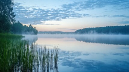 Fototapeta premium Tranquil Morning Serenity: Foggy Sky and Clouds Reflection on Lake Waters