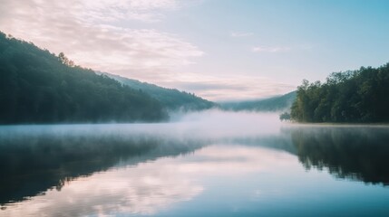 Fototapeta premium Serene Morning: Foggy Sky and Clouds Over Tranquil Lake