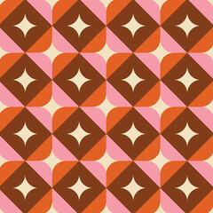 70's Retro Seamless Pattern. 60s and 70s Aesthetic Style. Geometric Diamond and Stars Pattern in pink, orange, beige and brown colors.