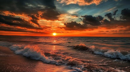 Majestic Sunset Skies: Vibrant Orange Clouds Over the Serene Ocean