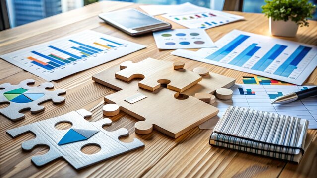 Business strategy concept featuring a puzzle with missing pieces, charts, and graphs on a desk, symbolizing effective workforce planning and organizational development.
