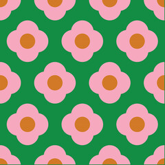 70's Retro Seamless Pattern. 60s and 70s Aesthetic Style. Floral Groovy Pattern in green, pink and gold colors.