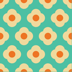 70's Retro Seamless Pattern. 60s and 70s Aesthetic Style. Floral Groovy Pattern in Turquoise, Beige and Orange colors