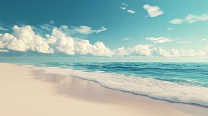 Fototapeta premium Serene Beachscape with Clear Sky and Fluffy Clouds in a Tranquil Setting