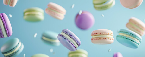 Obraz premium Vibrant Macarons in Mid-Air with Soft Focus Background banner
