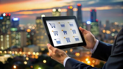 Calculating online shopping costs, a hand holding a tablet with ecommerce website displaying product prices and sales tax rates on a blurred city background.