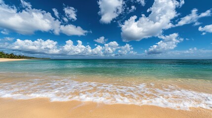 Fototapeta premium Serene Beachscape with Clear Sky and Fluffy Clouds