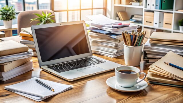 Busy workspace with laptop, notebooks, and coffee cup surrounded by papers, files, and office supplies, capturing the essence of multitasking and productivity chaos.
