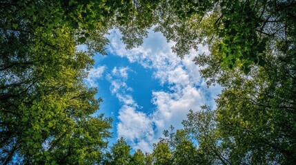 Obraz premium Tranquil Forest Clearing: Panoramic Sky View in Nature's Embrace