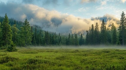 Fototapeta premium Serene Morning: Misty Low-Hanging Clouds Blanketing Forest Canopy