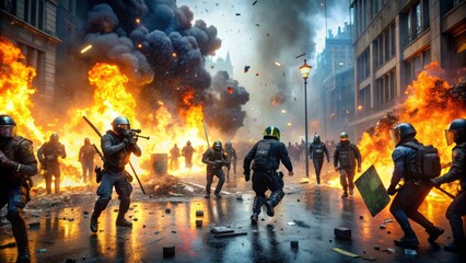 Chaotic illustration of clashing protesters and police amidst smoke and flames, with shattered glass and debris scattered everywhere, conveying intense civil unrest and violence.
