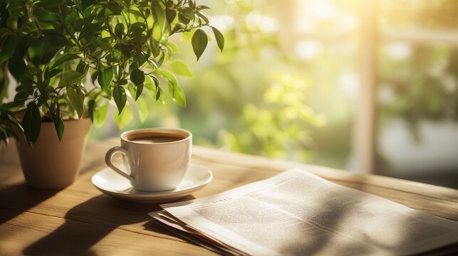 Newspaper spread out on a wooden desk with a cup of coffee and a fresh plant, against a serene, sunlit background