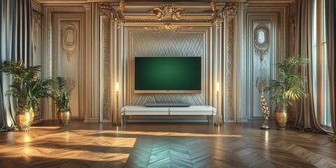 A spacious living room with a flat green screen TV mounted on a minimalist wall, complemented by contemporary decor.