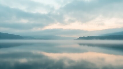 Fototapeta premium Serene Morning at the Misty Lake - Peaceful Tranquility with Foggy Skies and Clouds Reflection